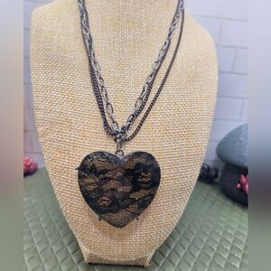 915. Black Lace Heart Pendant Necklace On Triple Chain